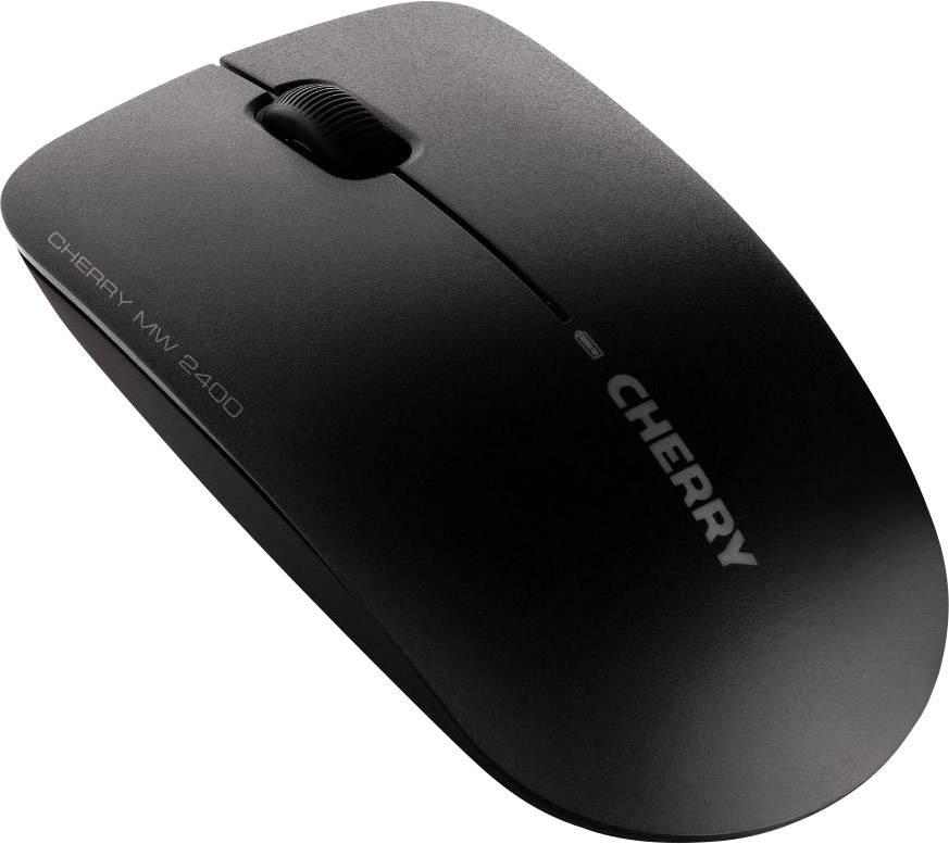Black wireless computer mouse by Cherry, model MW 2400, with scroll wheel, shown from an angled surface perspective.