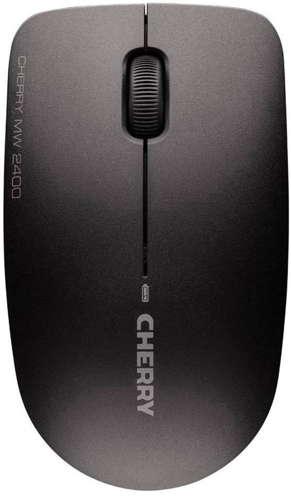 Black computer mouse by Cherry brand with scroll wheel in the middle and model number 'MW 2400' on the left side.