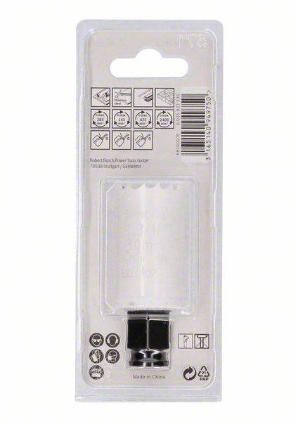 Hole saw packaged with various application pictograms shown above. Manufactured in China. 38 mm diameter.