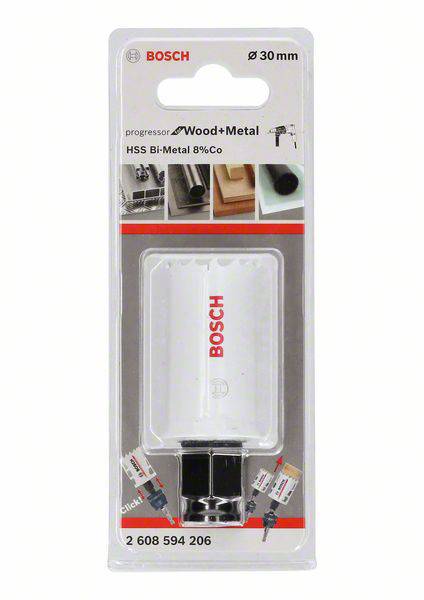 Bosch drill crown, 30 mm, for wood and metal, in packaging. Shows application images and product information.
