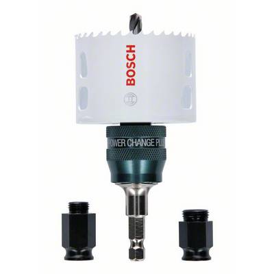 'Bosch hole saw' shown with two adapter attachments. White saw with sharp teeth and silver drill bit, suitable for precise drilling.