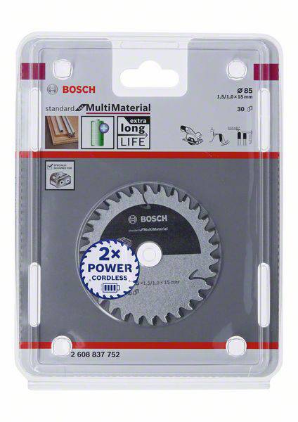 Packaged circular saw blade for various materials, Bosch brand. Text highlights long service life and cordless application.