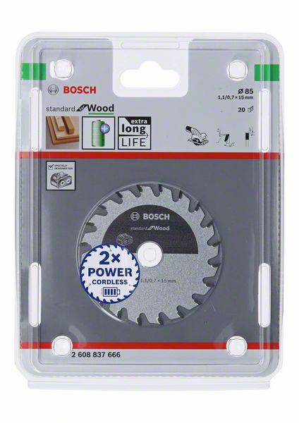 Packaging for Bosch Circular Saw Blade, suitable for wood. 'Standard for Wood', diameter 85 mm, longer service life, 20 teeth.