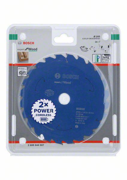 Circular saw blade in packaging. Label reads: 'Bosch Expert for Wood', '2x Power Cordless'. Suitable for wood, 165 mm diameter.