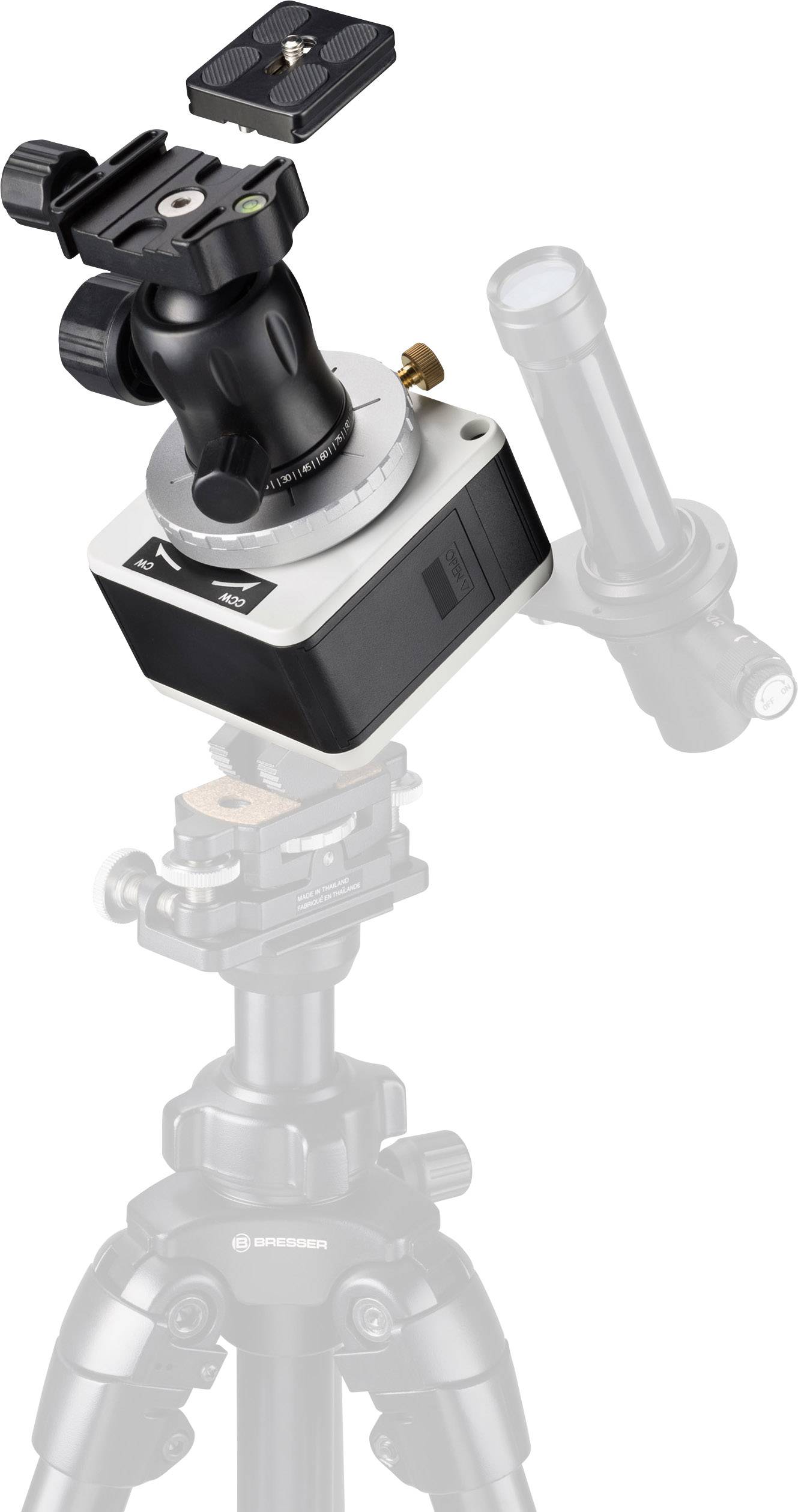 Tripod with a rotatable mount and zoom function, mounted on a stable three-legged base. Suitable for precise alignment.