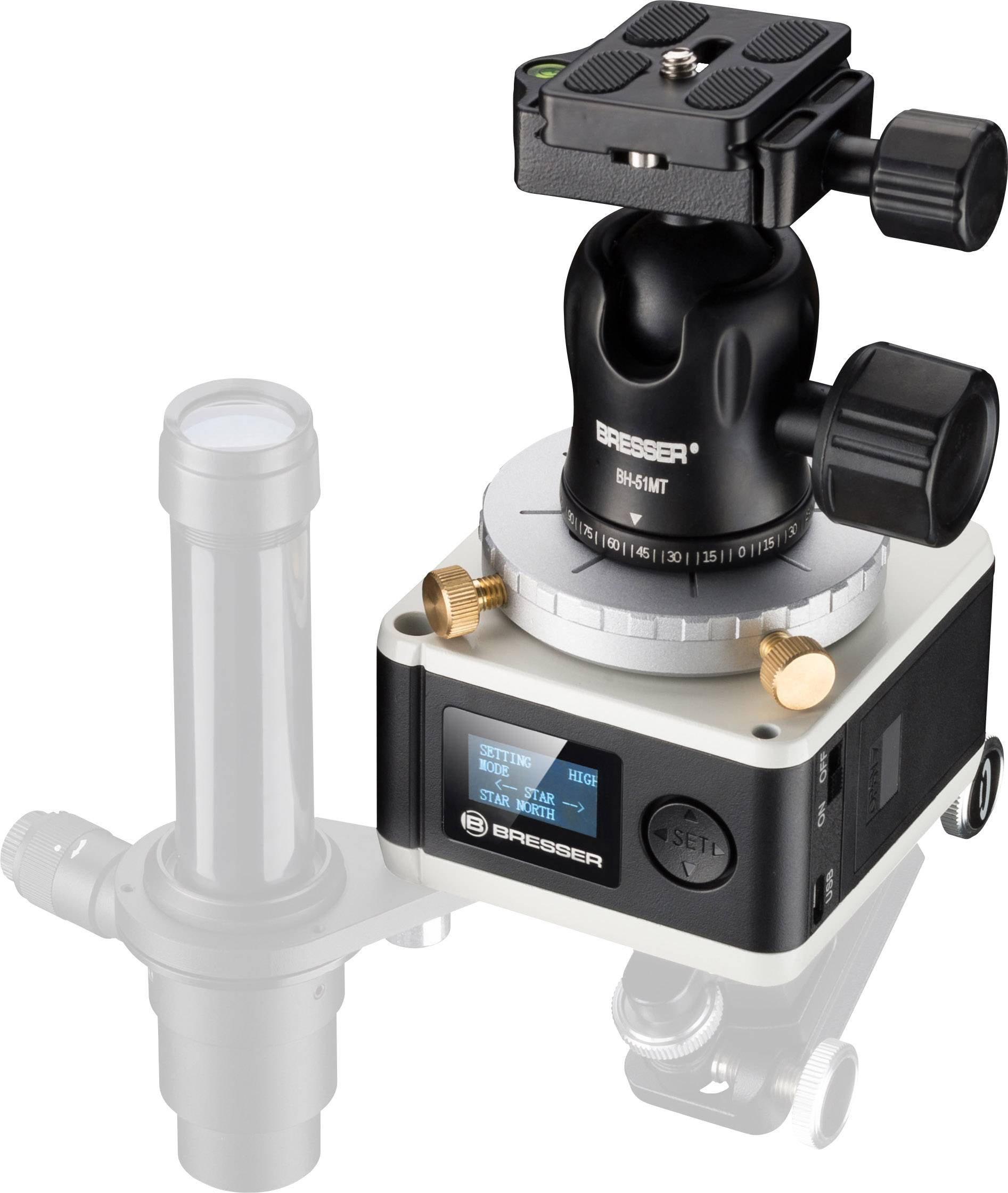 Bresser stationary head with spherical rotational mechanism and display. Includes adjustment buttons for precise control.