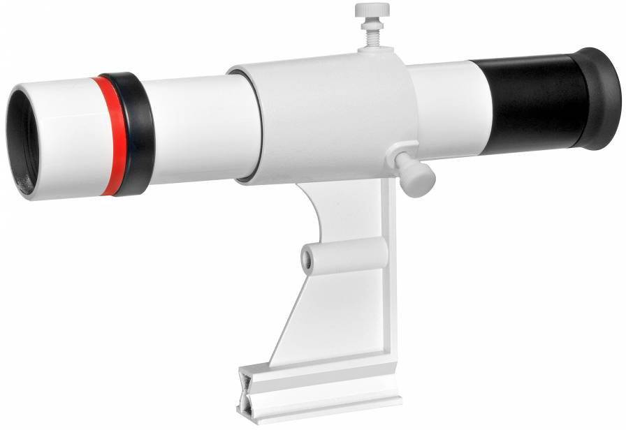 A small, white telescope with black and red detailing mounted on a stand.