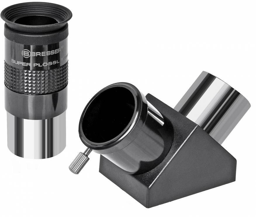 A telescope eyepiece and a 90-degree prism adapter made of metal, which are used together to improve the image in the telescope.