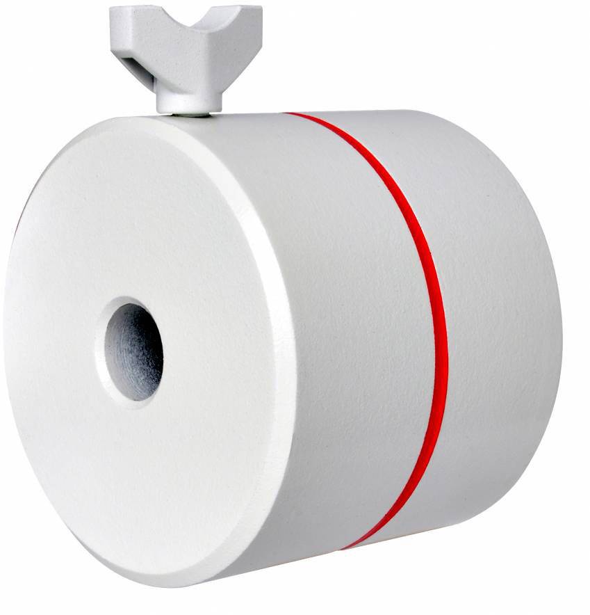 Silver cylindrical roller with a red stripe and mounting point at the top, serving as a technical machine component.