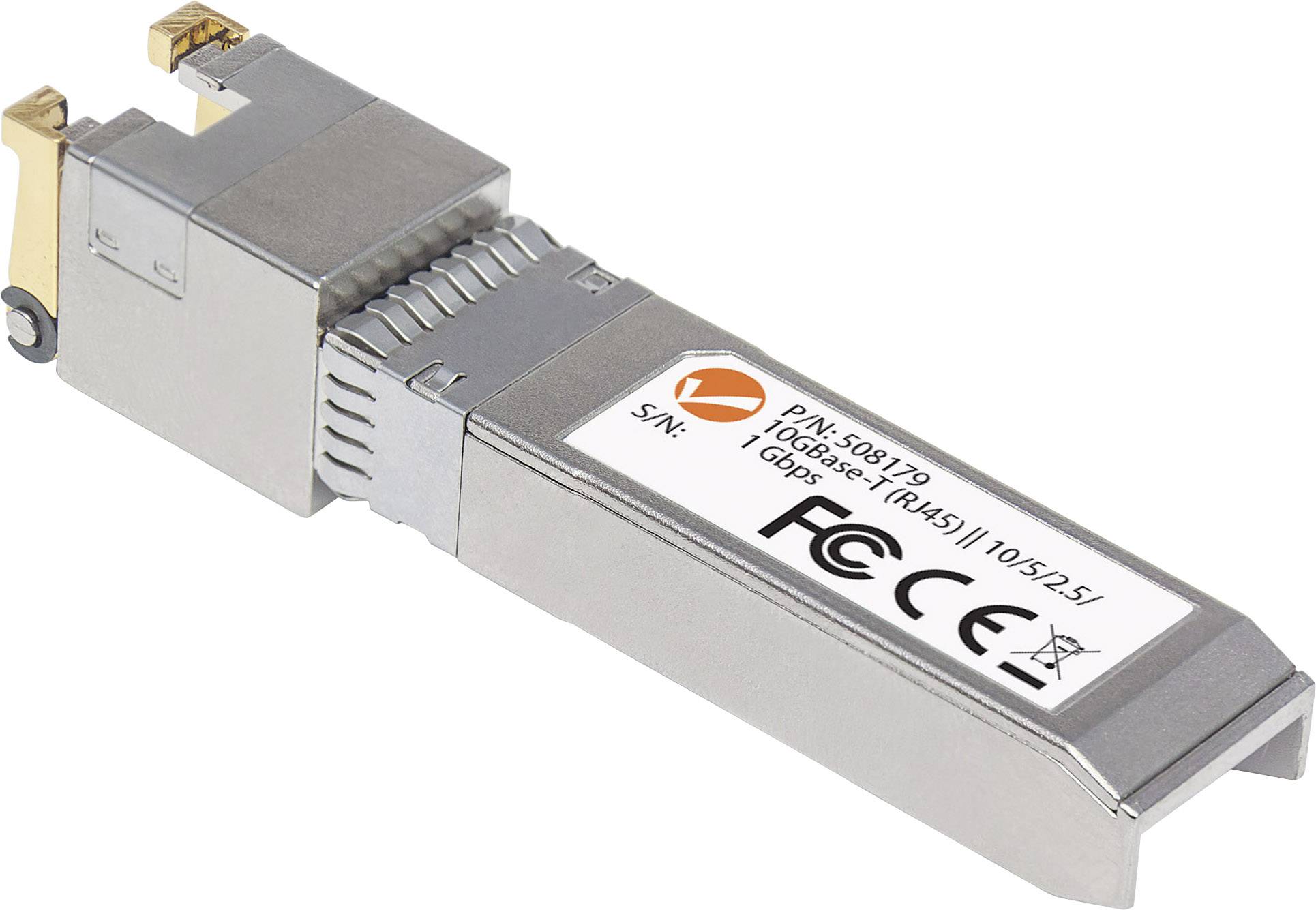 'Ethernet Transceiver with SFP+ interface for data transmission and network connections, marked with 10Gbps and FCC certification.'