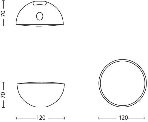 Dimensions and Views of a Semi-Circular Lamp: 70 cm Height, 120 cm Width. Shows Side and Top View.