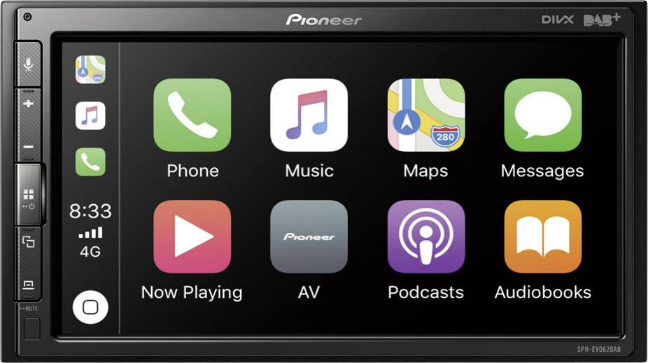Image of a car infotainment display with app icons such as 'Phone', 'Music', 'Maps', 'Messages' and time 8:33.