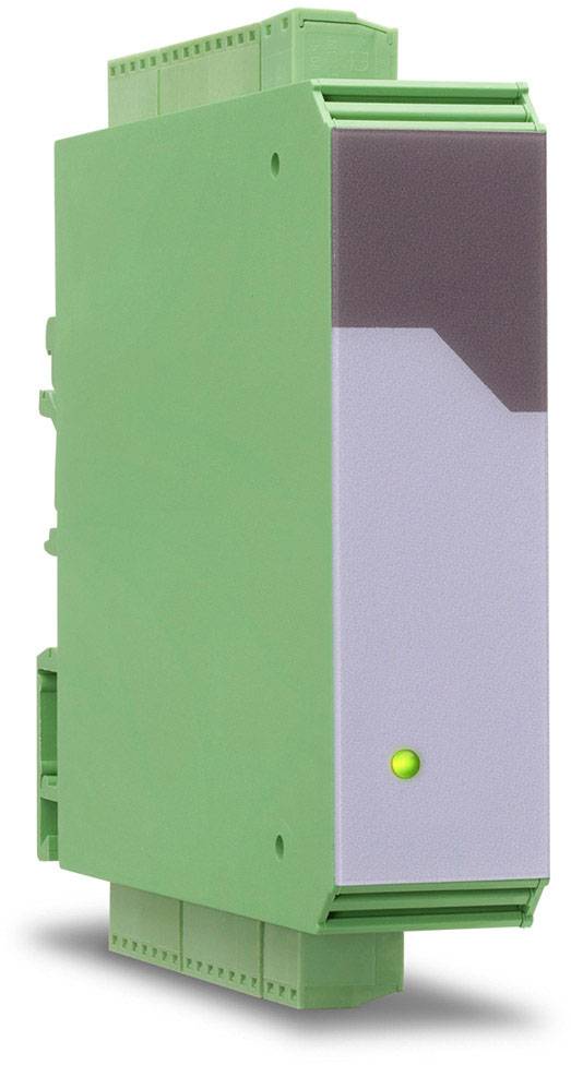 Green DIN rail module with a grey front panel and a green LED indicator in the bottom right corner. Suitable for industrial applications.