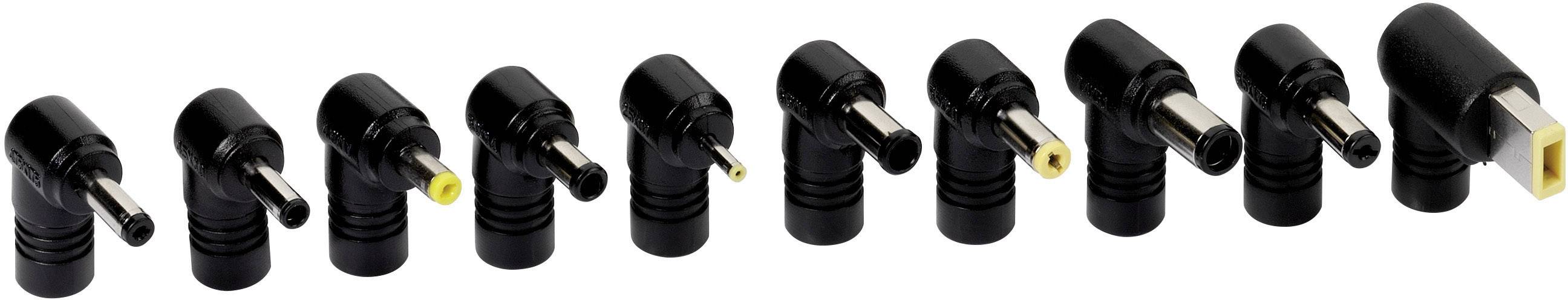 A row of ten black power adapters, varying in shape, with round and yellow connectors.