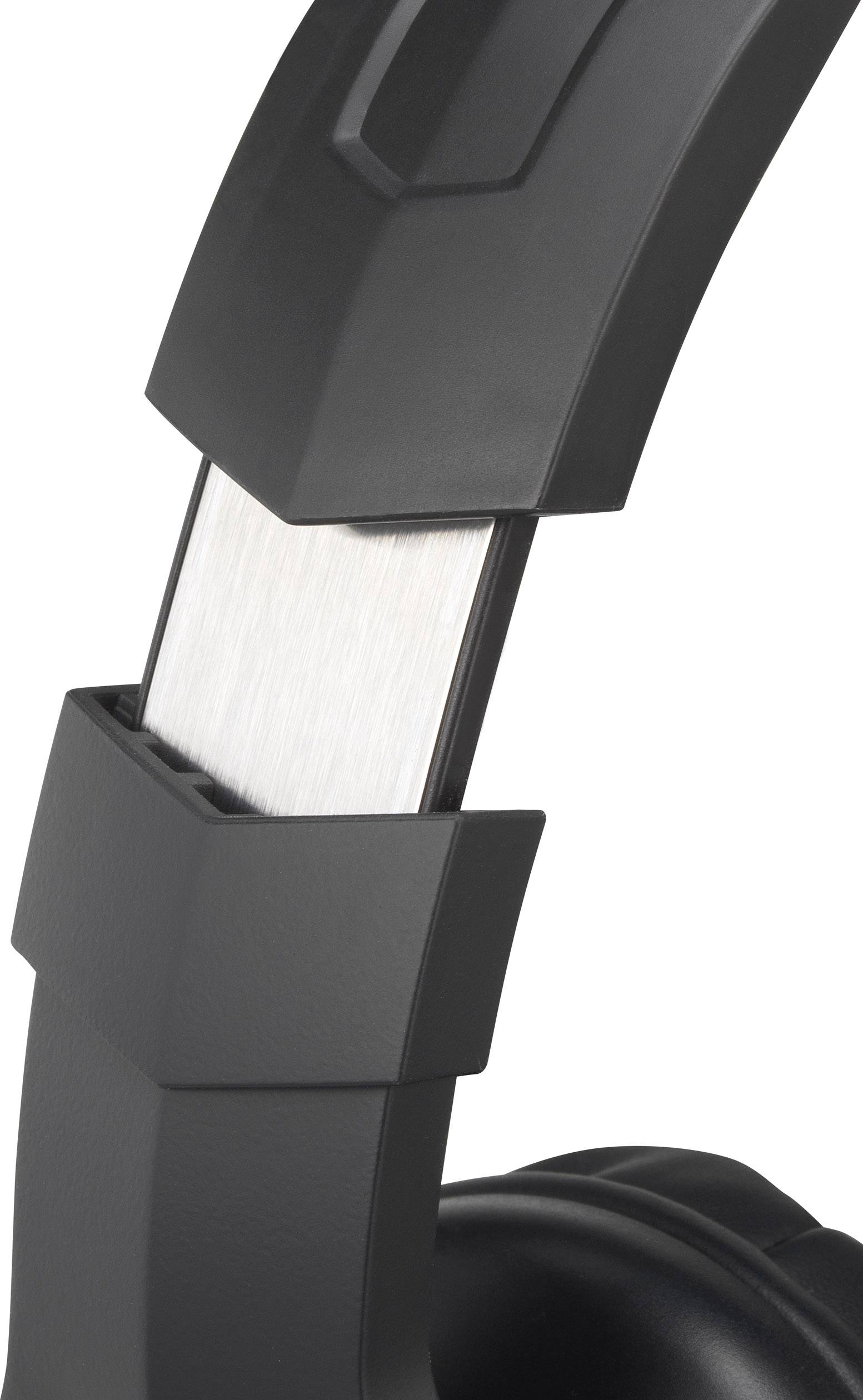 Black and grey headphone headband in close-up, with visible adjustability and padded ear cup.