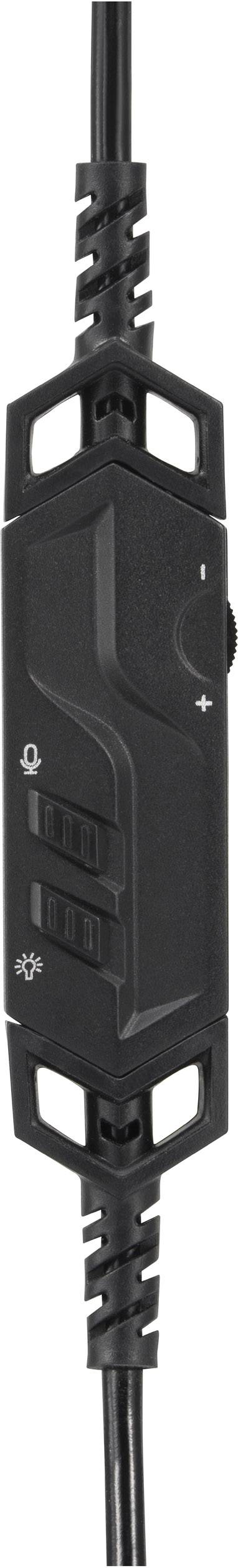 A black control unit with a volume control and three slide switches, integrated into a cable, against a neutral background.