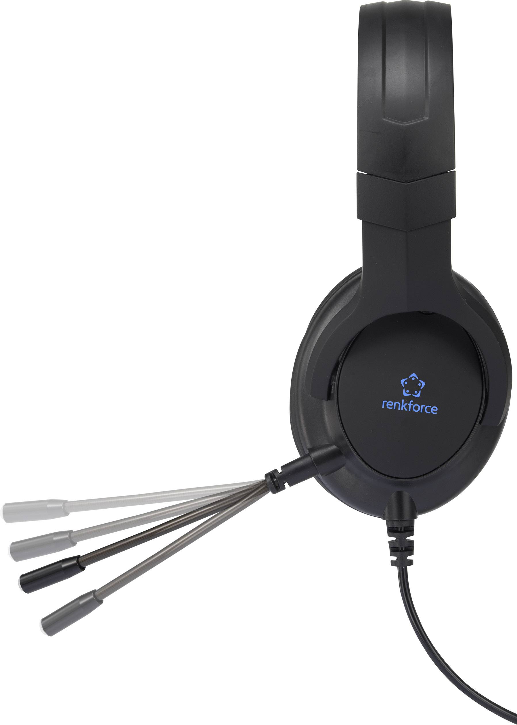 Black, over-ear headphones with the 'renkforce' brand logo on the ear cup; wired with several protruding pins.