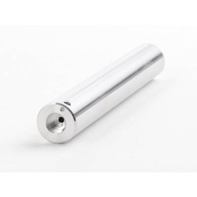 Cylindrical metal tube on a white background, with a small hole at one end, smooth and shiny, with no visible markings.