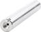 Metal cylinder with holes at both ends, silver-coloured and gleaming, rests on a white background.