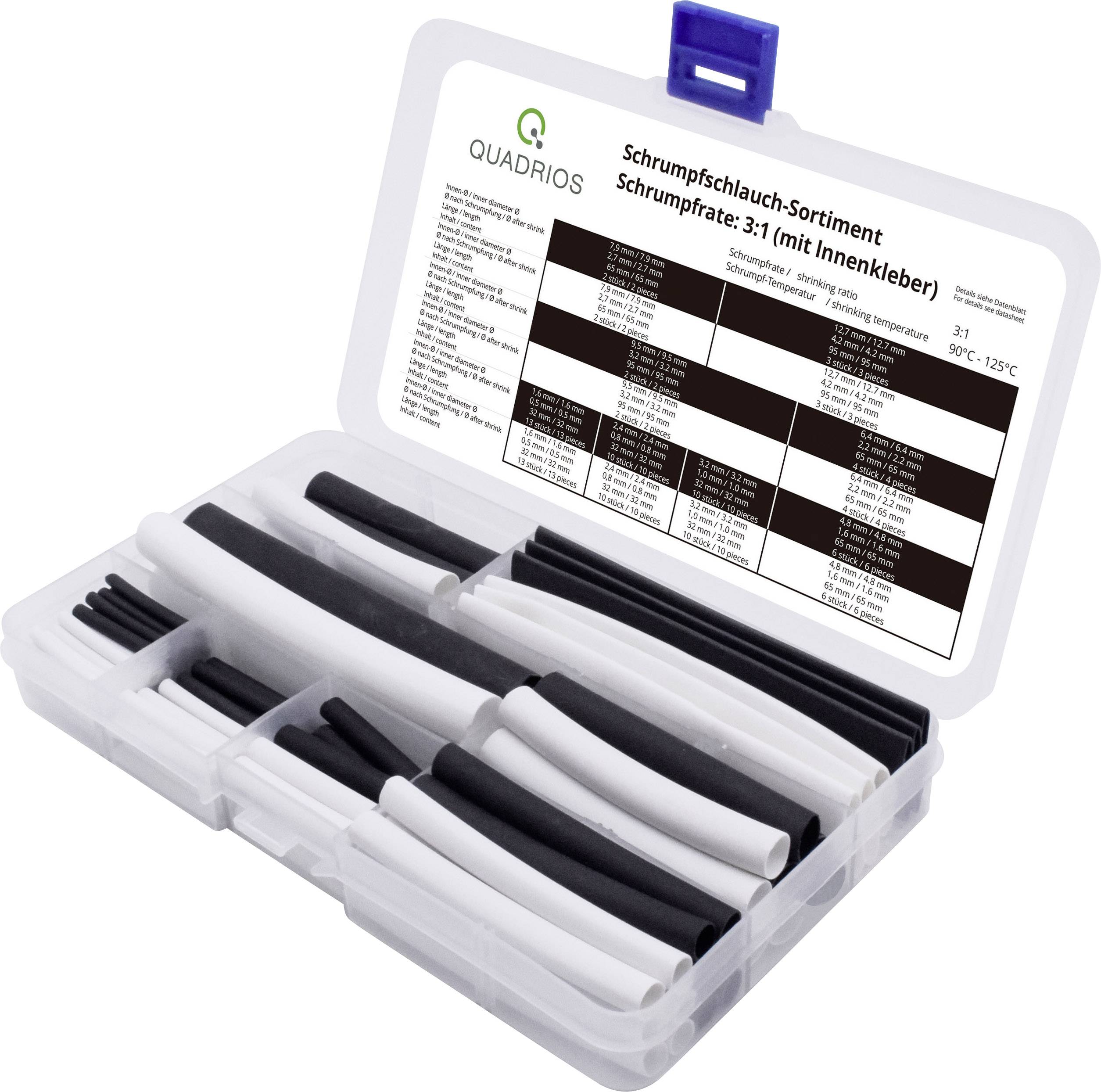 Opened plastic box containing heat-shrink tubing in black and white, labelled with a tag listing sizes and application details.