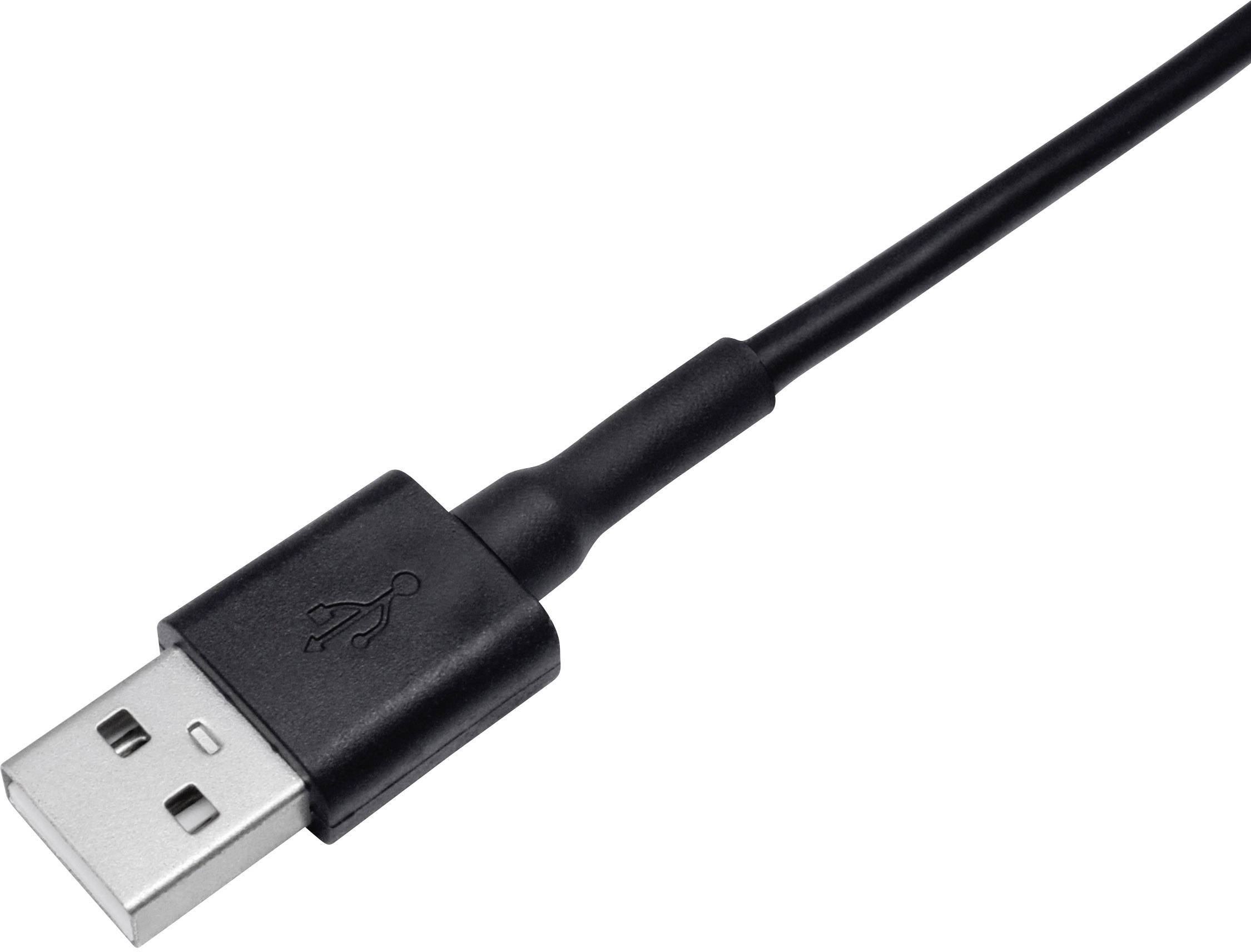 A black USB cable with a rectangular plug on a white background.