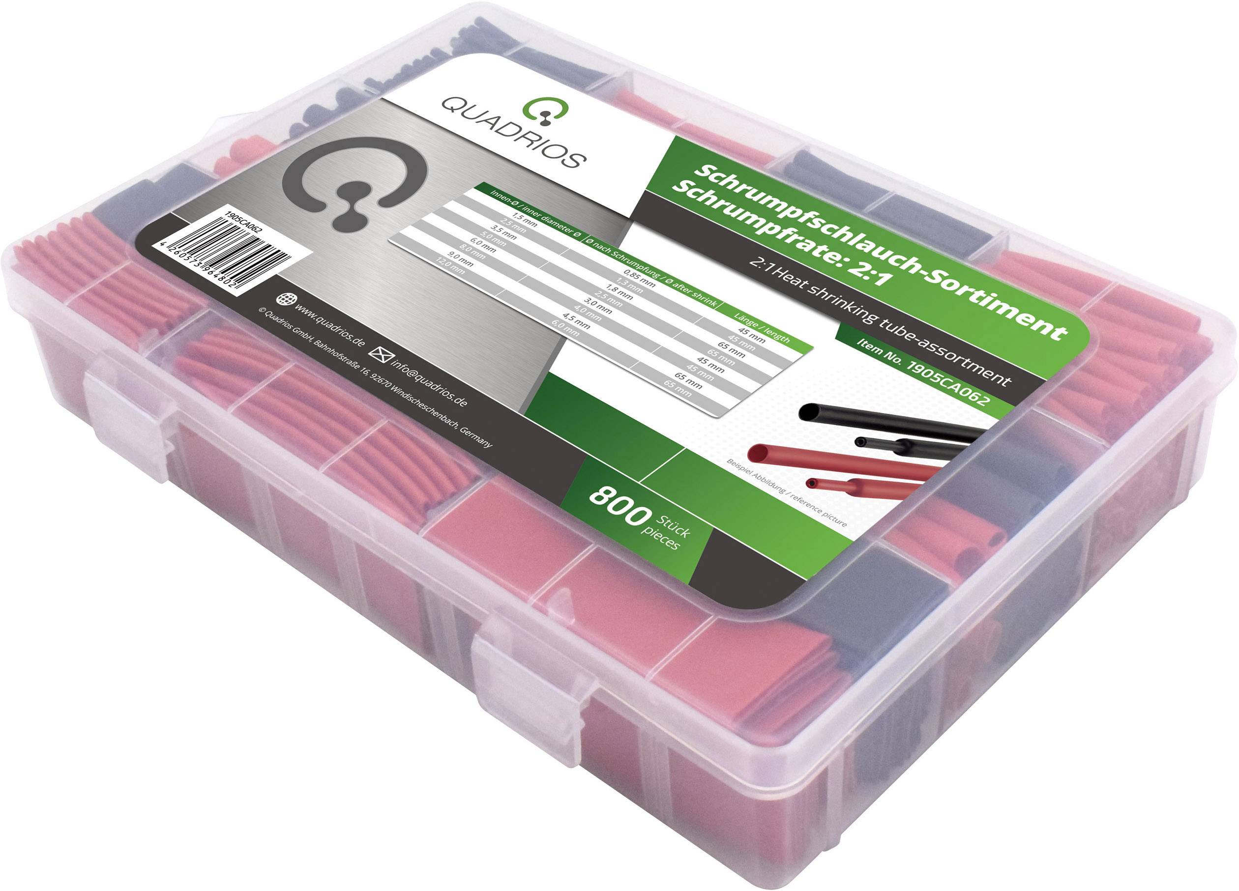 Assortment box of heat-shrink tubing in various sizes and colours, label describes contents and specifications, 800 pieces.