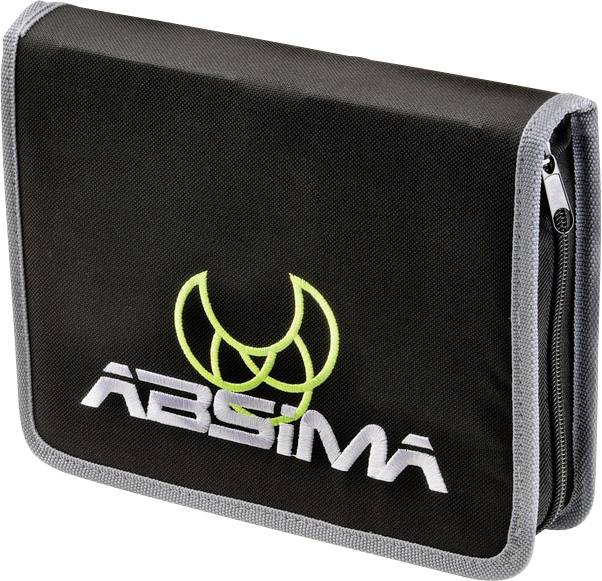 Black fabric bag with grey edges and a zip. The logo and name 'ABSIMA' are printed on the front in white and neon yellow.