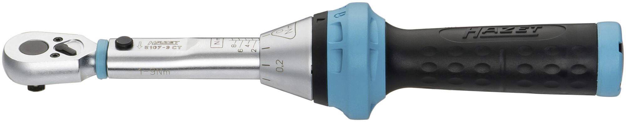 A torque wrench with a blue handle and scale to indicate the set torque. Used for precisely tightening screws.