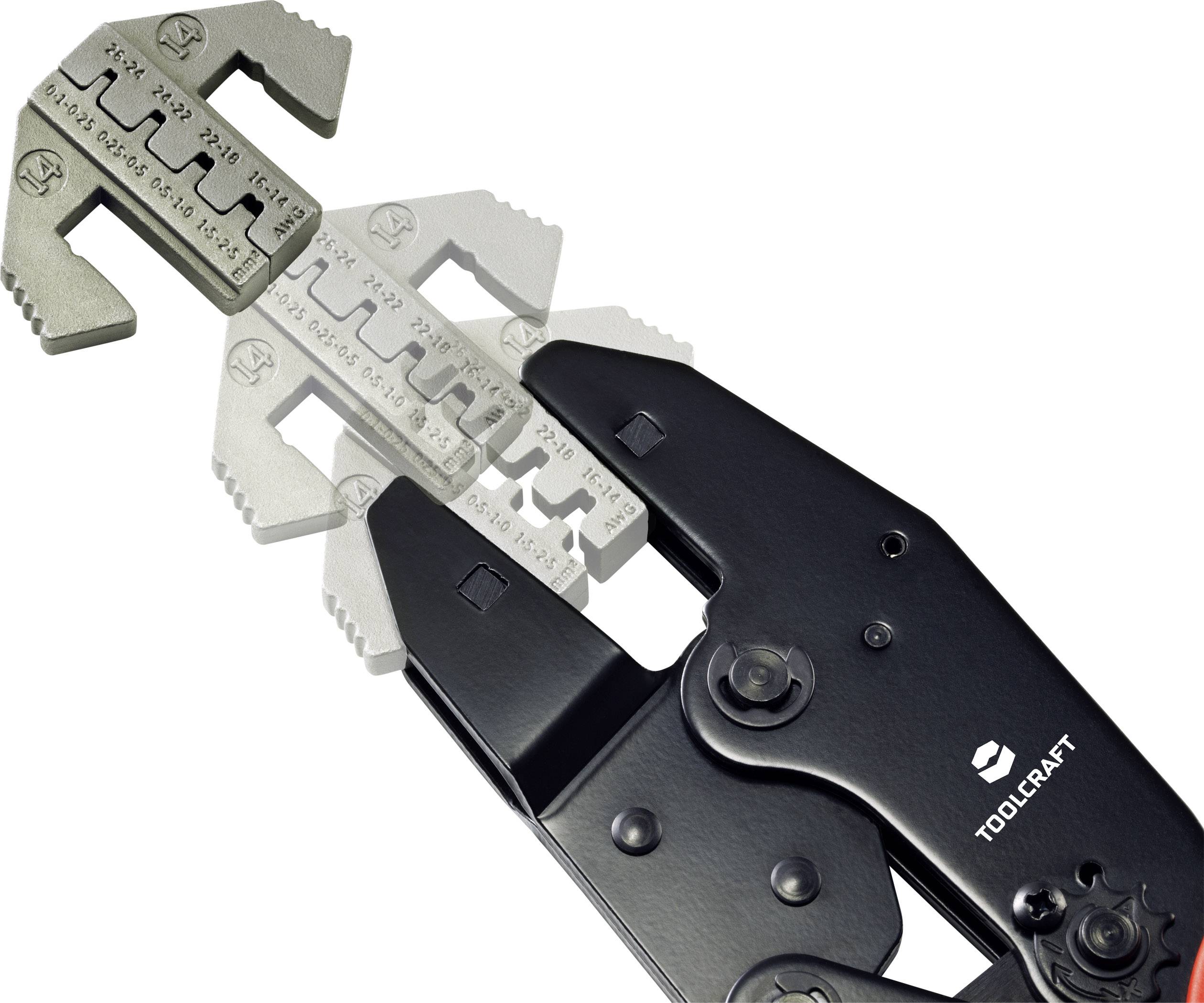 A black crimping pliers for cables, with interchangeable attachments for different cable thicknesses, depicted in multiple positions.