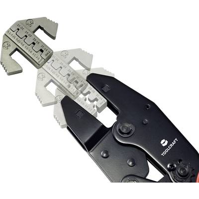 A black crimping pliers for cables, with interchangeable attachments for different cable thicknesses, depicted in multiple positions.
