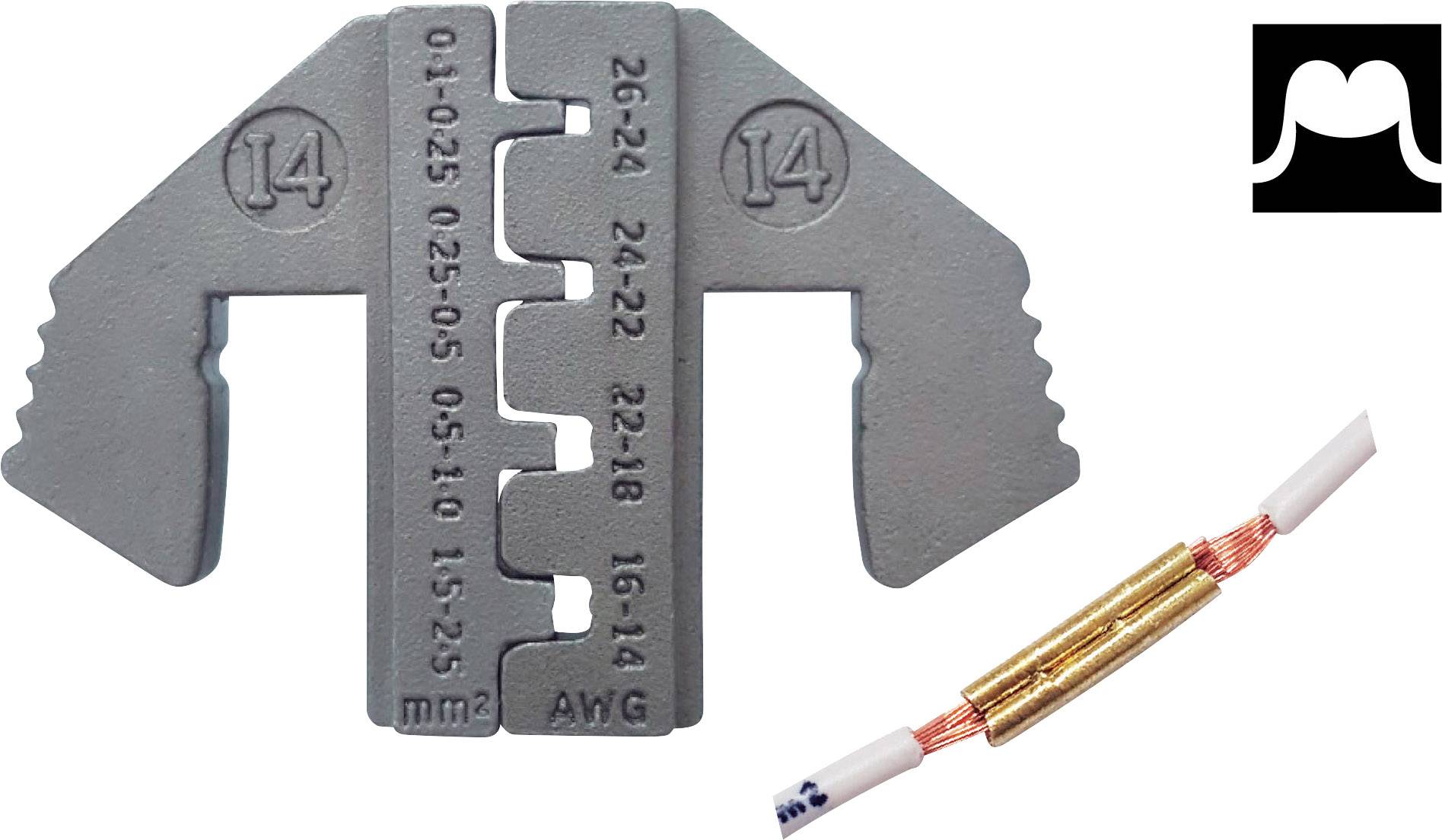 Crimping tool with various wire size markings. Bottom right, a crimped wire connection with copper connections.