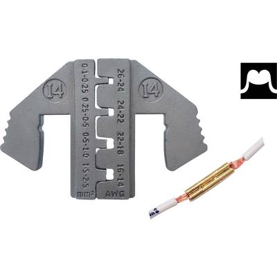 Crimping tool with various wire size markings. Bottom right, a crimped wire connection with copper connections.