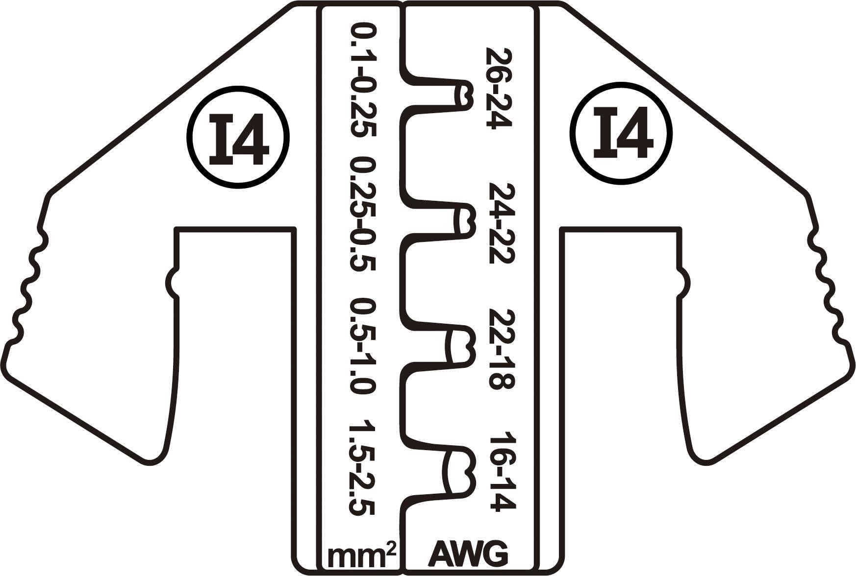 Wire Stripping Pliers: Scale shows wire sizes from 0.1 to 2.5 mm² and AWG 26 to 14. Suitable for precise wire stripping.