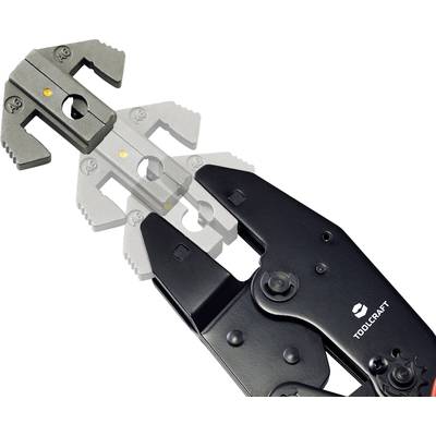 A black Toolcraft crimping pliers is shown, enlarged with prominent jaws that are versatile in their application.