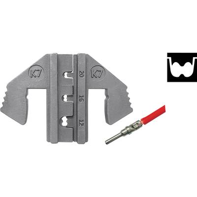 'Crimping Pliers Application K7' with a scale from 12 to 20. Shows a red cable connection. Connector pictogram in the top right.
