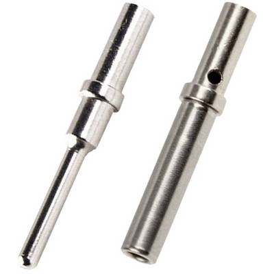 Two metallic connectors of different sizes side by side. The left connector is thinner and longer than the right one.