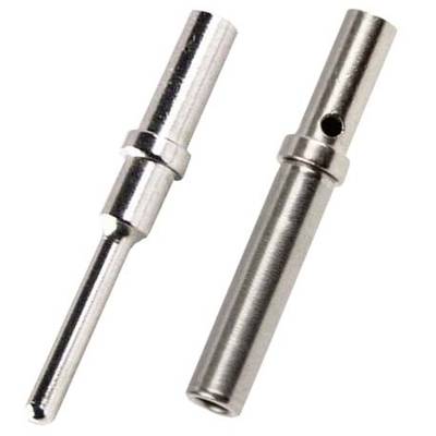 Two metallic connectors of different sizes, gleaming silver, lie side by side. They are used for electronic connections.