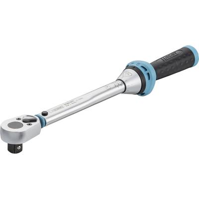 Metal torque wrench with blue-black handle, measurement scale, and ratchet head. Tool for precise torque control.