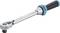 Metal torque wrench with blue-black handle, measurement scale, and ratchet head. Tool for precise torque control.