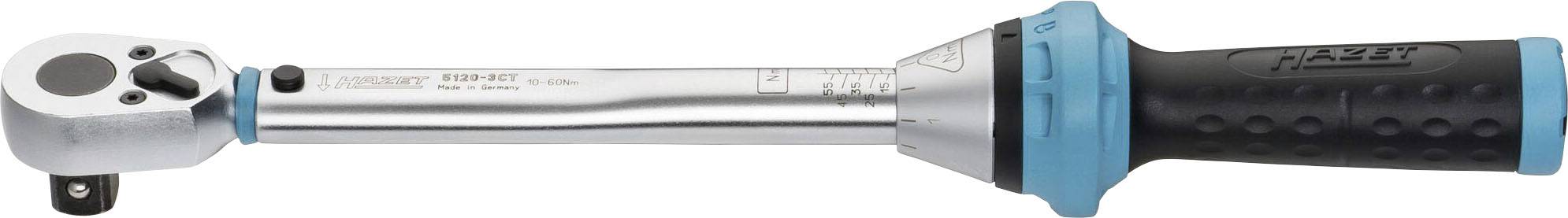 Torque wrench with blue-black handle, made of metal with a scale for adjusting torque.