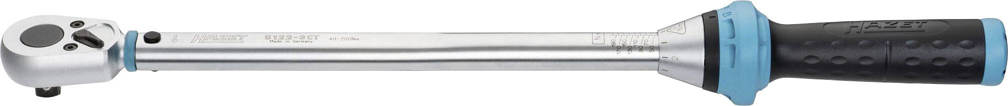 Torque wrench with a silver metal body and a black, grippy handle with blue accents, suitable for precise adjustments.