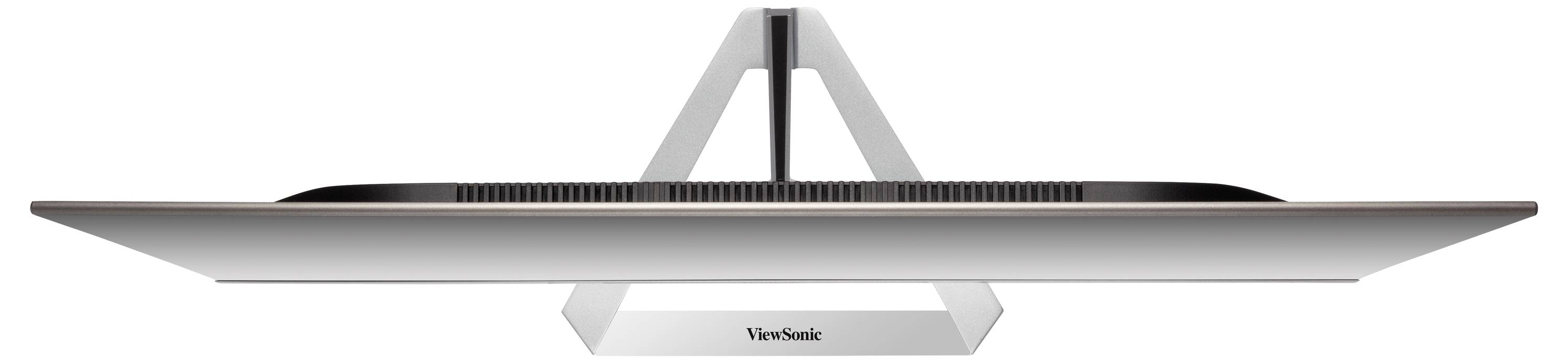A narrow monitor viewed from above, showing the flat screen and slim stand in a modern design.