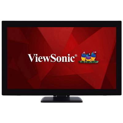 A screen with a red background displays the 'ViewSonic' logo, accompanied by three colourful birds.