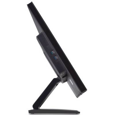 A black computer monitor shown in side profile, with USB ports at the rear and a slim stand.