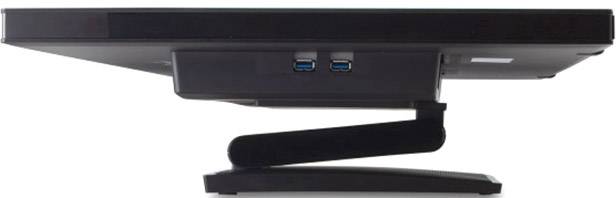 A black monitor viewed from the side with two USB ports positioned beneath the screen. The stand is slightly angled.