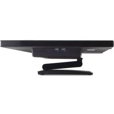 A black monitor viewed from the side with two USB ports positioned beneath the screen. The stand is slightly angled.