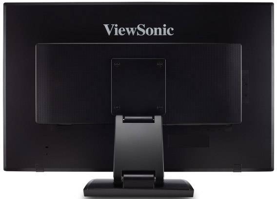 A computer monitor from behind. 'ViewSonic' text centrally positioned at the top. Black casing with a solid stand.
