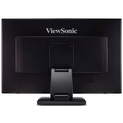A computer monitor from behind. 'ViewSonic' text centrally positioned at the top. Black casing with a solid stand.