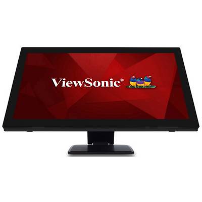 A computer monitor with a red screen background and the 'ViewSonic' logo in white text with three stylised birds.