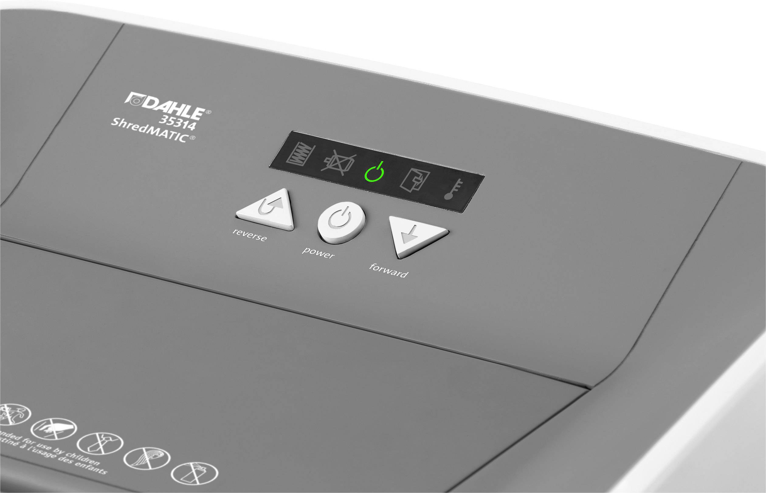 A grey paper shredder with a display shows symbols for 'Power', 'Forward', and 'Reverse'.